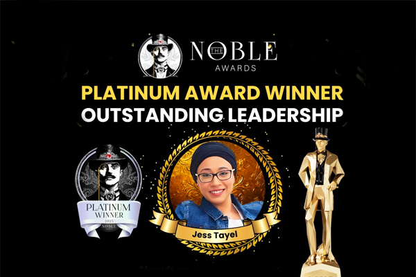 Jess Tayel receives the Platinum Award in the Outstanding Leadership Category from the Noble Business Awards 2025